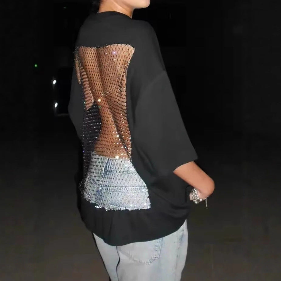 Women's oversized T-shirt with transparent mesh back, rhinestone embellishment and jeans print StylebySassy