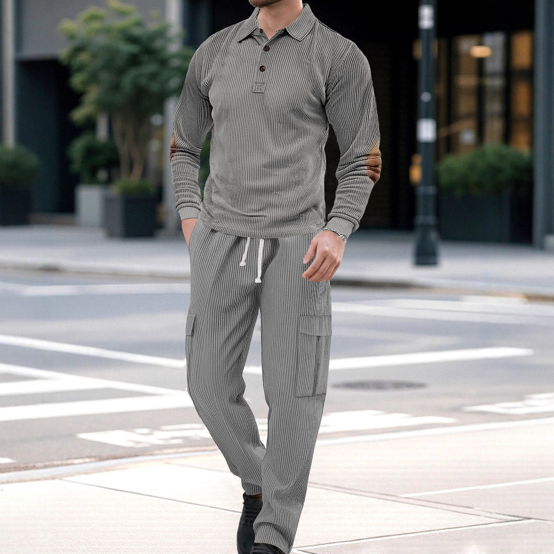Men's nano ribbed lounge set with polo collar elbow patches and cargo pants StylebySassy
