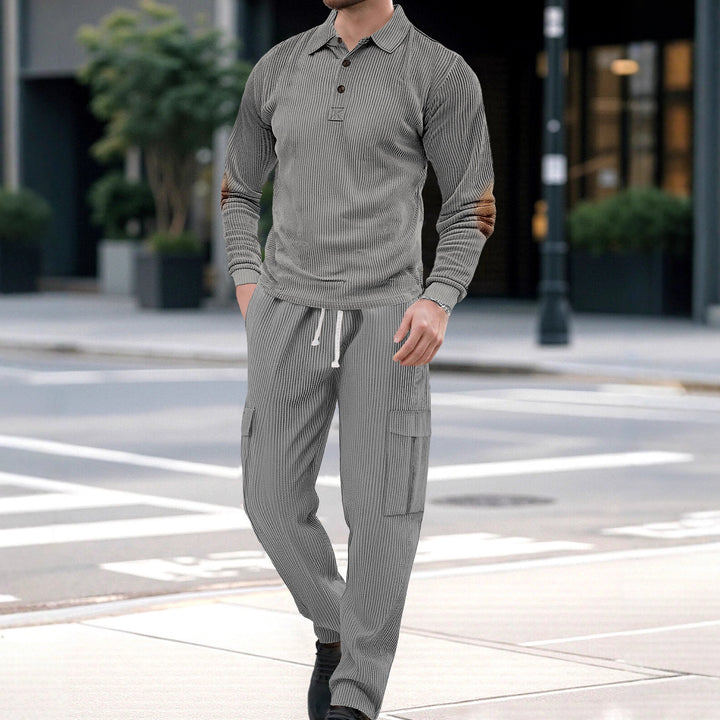 Men's nano ribbed lounge set with polo collar elbow patches and cargo pants StylebySassy