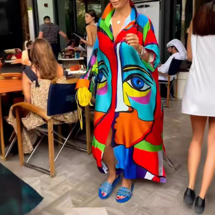 Women's oversized shirt kaftan with abstract portrait print and shirt collar StylebySassy