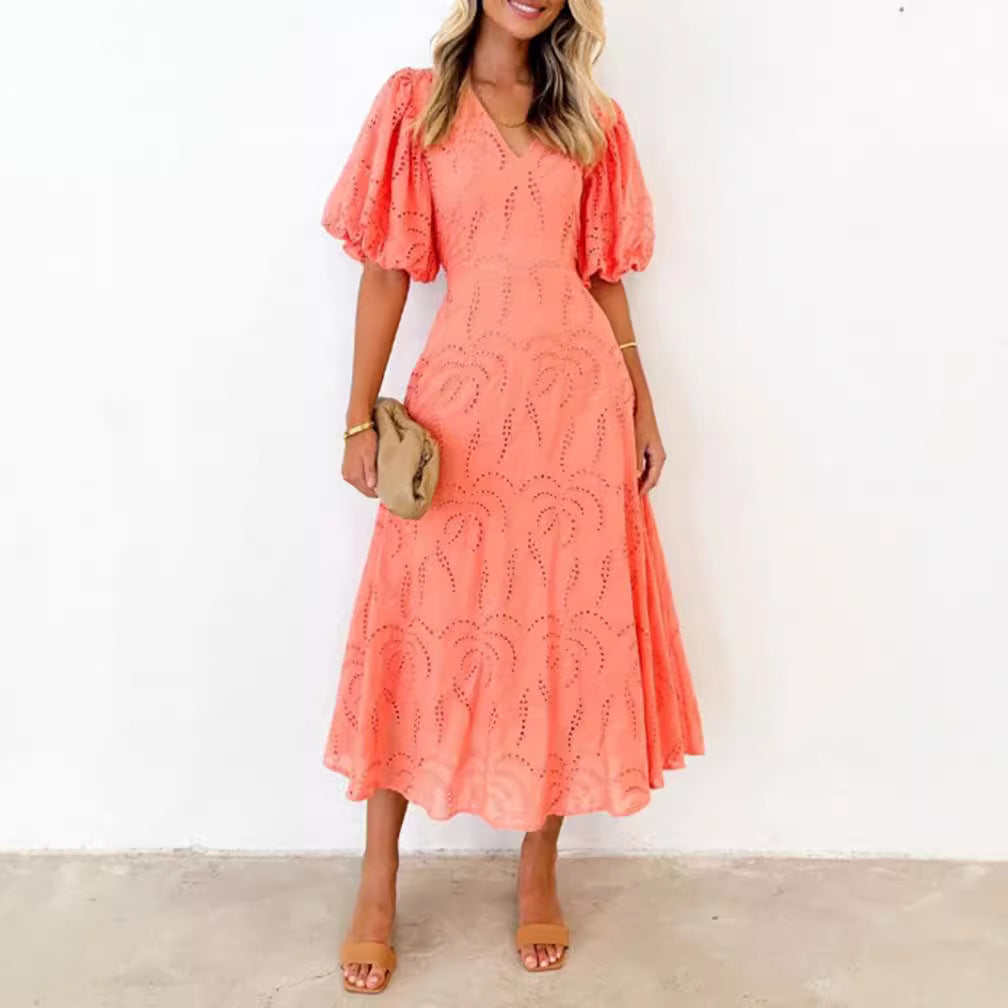 Women’s tailored mid-length dress with embroidery eyelet and voluminous balloon sleeves StylebySassy