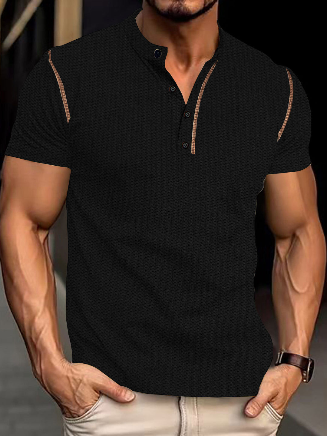 Men's tapered structured polo shirt with stand-up collar and decorative piping StylebySassy