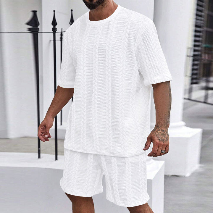 Men's relaxed braid-knit leisure set with wide short-sleeve shirt and elastic Bermuda StylebySassy