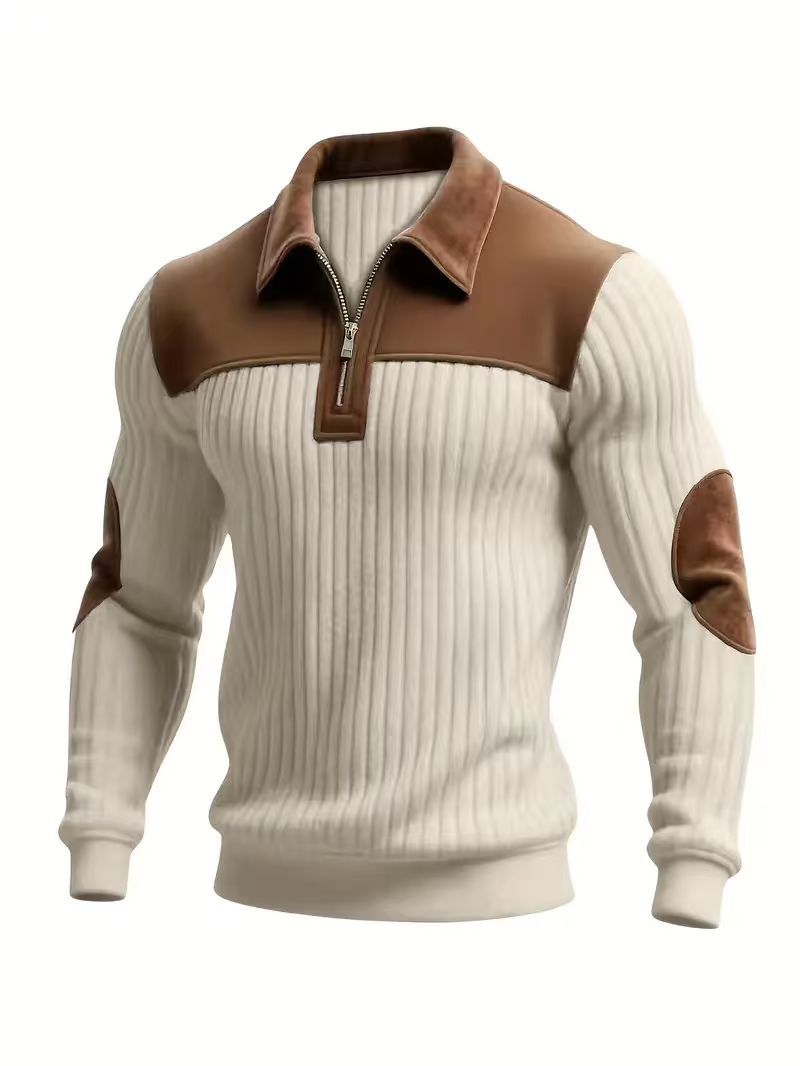 Men's ribbed half-zip pullover with contrasting leather appliqués on shoulders and elbows StylebySassy