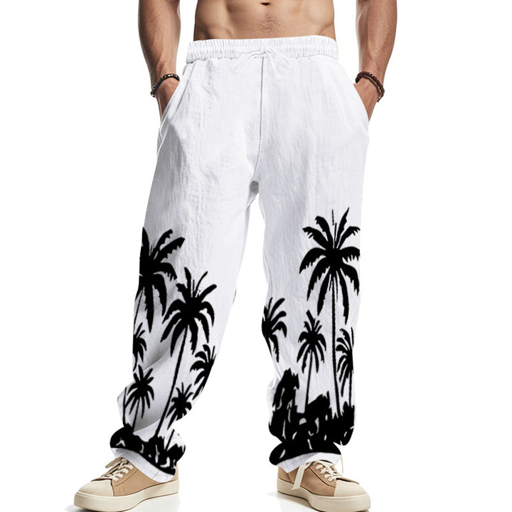 Men's wide leisure pants made of cotton-linen blend with palm print, elastic waistband and drawstring StylebySassy