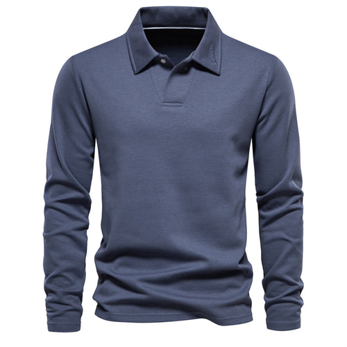 Men's long-sleeved polo shirt with open V-neck, slim fit and tone-on-tone collar embroidery StylebySassy