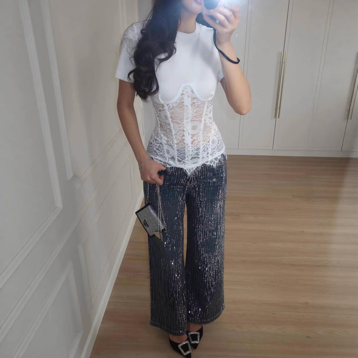 Women nan T-shirt with inserted lace corset and contoured underwire seam StylebySassy