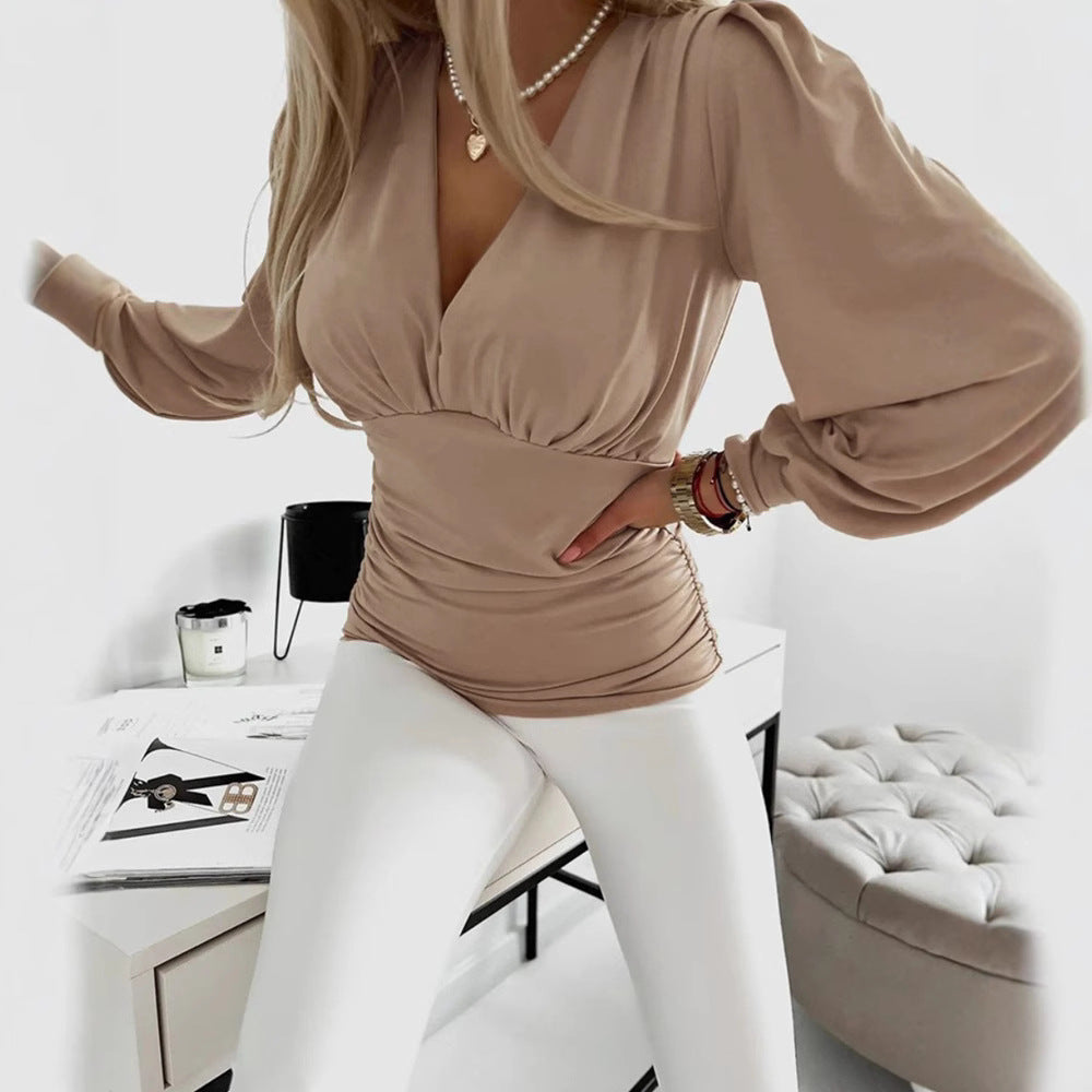 Women's draped satin blouse with underbust seam, side gathering, and voluminous balloon sleeves StylebySassy