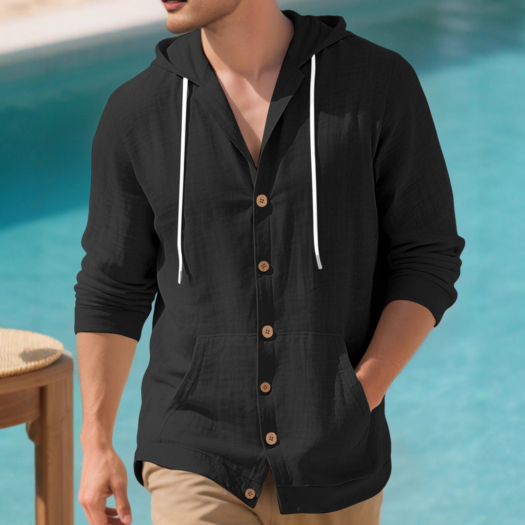 Men's lightweight hooded overshirt in crinkle look with wooden button placket and kangaroo pocket StylebySassy