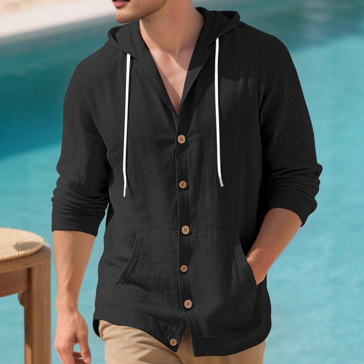 Men's lightweight hooded overshirt in crinkle look with wooden button placket and kangaroo pocket StylebySassy
