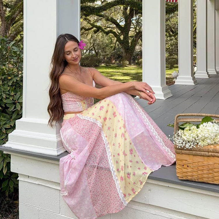 Women romantic crop top with spaghetti straps and tiered patchwork maxi skirt StylebySassy