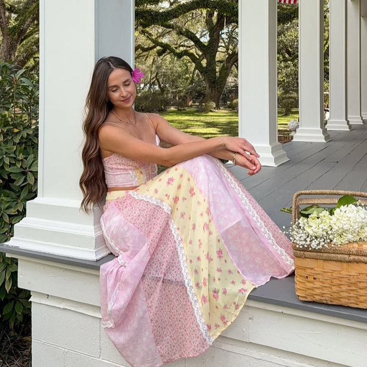 Women romantic crop top with spaghetti straps and tiered patchwork maxi skirt StylebySassy