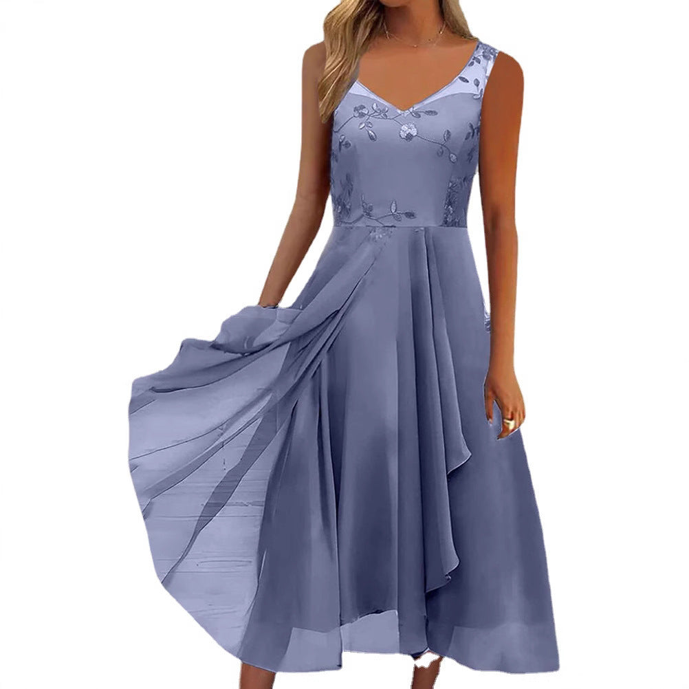 Women A-line chiffon dress with floral embroidered bodice, V-neck, draped godet swing and concealed side pockets StylebySassy