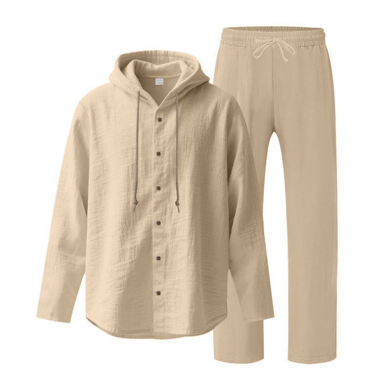 Men's two-piece lounge set with button hoodie shirt made of crepe jersey and straight drawstring pants StylebySassy