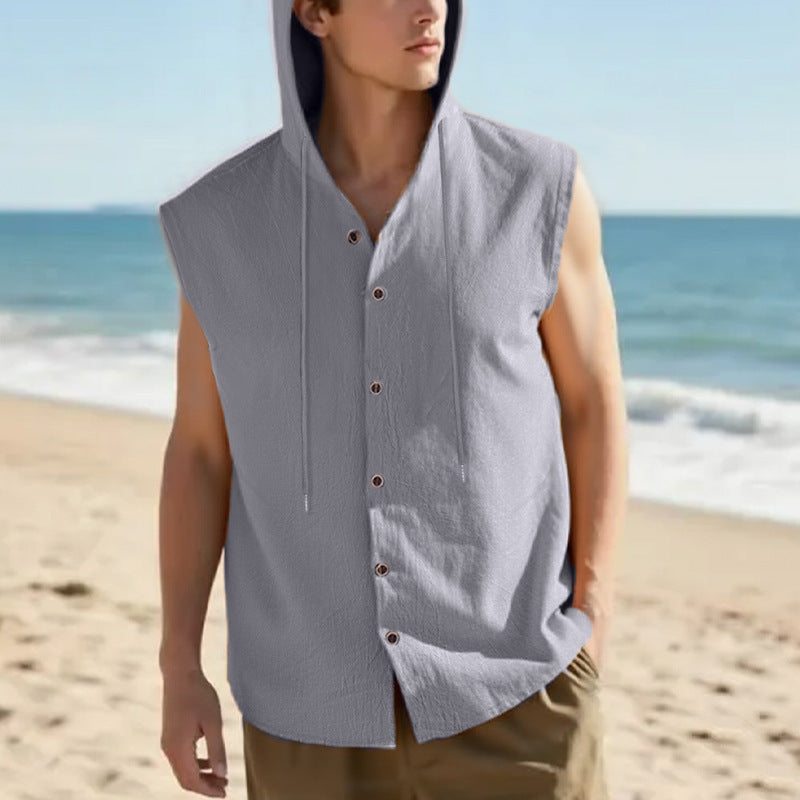 Men's sleeveless hooded shirt in linen look with wooden button placket StylebySassy