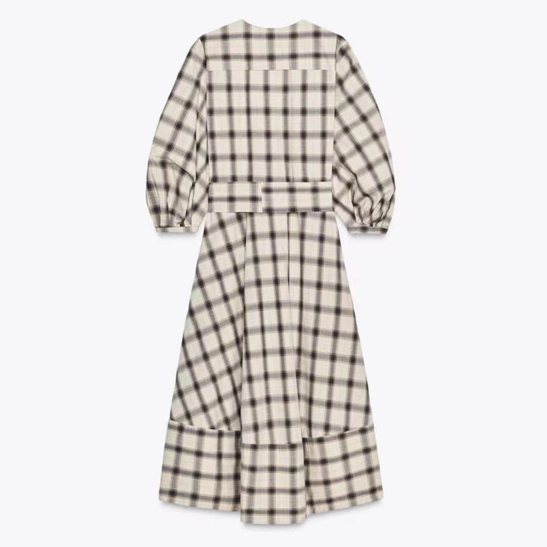 Ladies checked midi dress with balloon sleeves, waist belt and decorative button placket StylebySassy