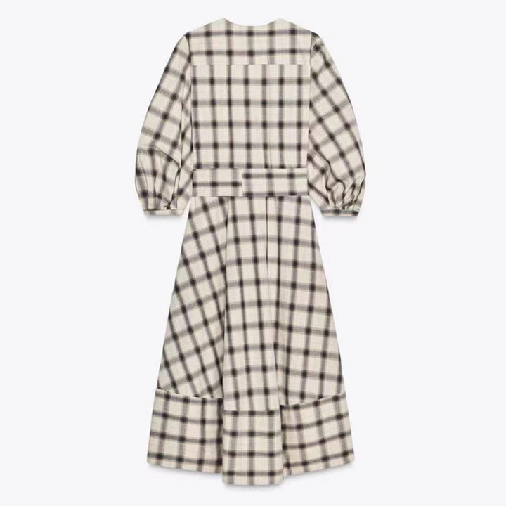 Ladies checked midi dress with balloon sleeves, waist belt and decorative button placket StylebySassy