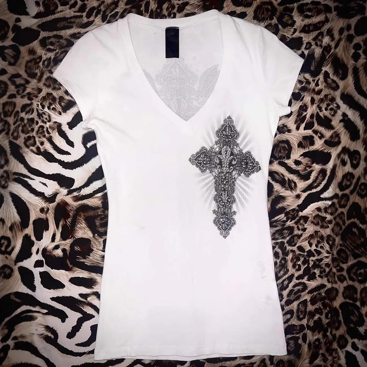 Women V-Neck T-Shirt with Artistic Cross Design StylebySassy
