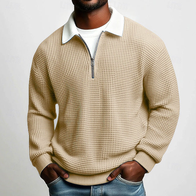 Men's structured waffle knit pullover with polo collar and short zipper StylebySassy