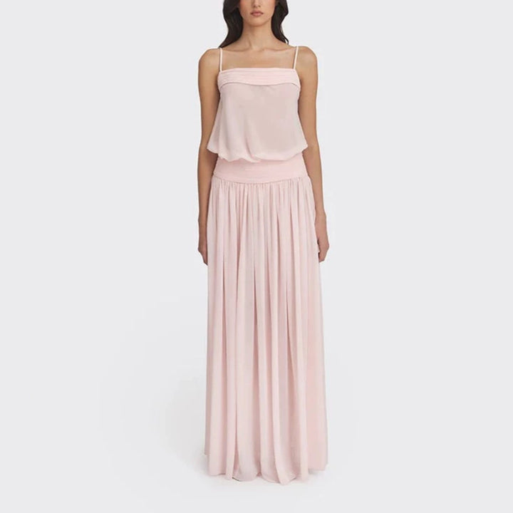 Women's maxi dress with flowing chiffon top and elastic waistband