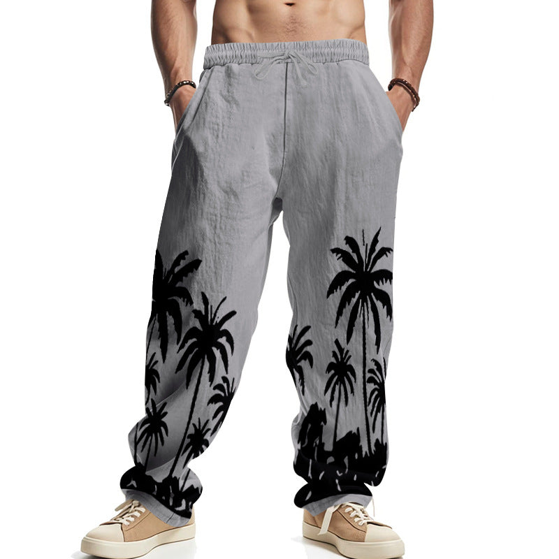 Men's wide leisure pants made of cotton-linen blend with palm print, elastic waistband and drawstring StylebySassy