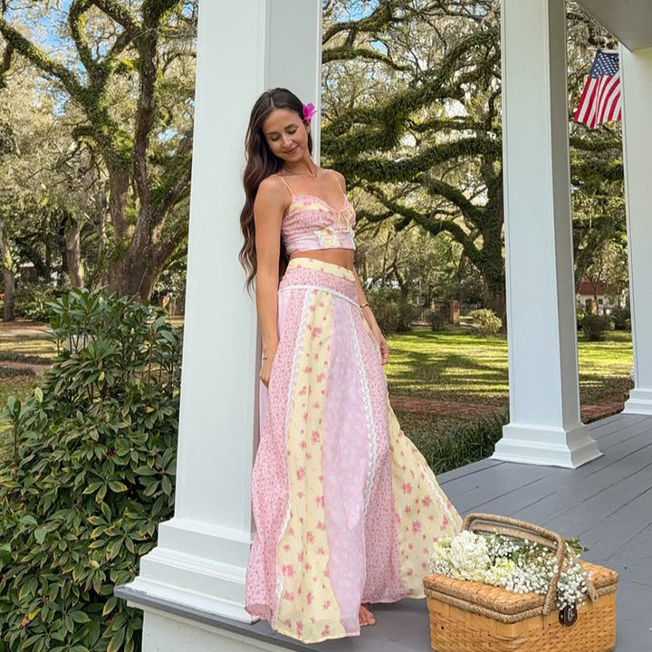 Women romantic crop top with spaghetti straps and tiered patchwork maxi skirt StylebySassy