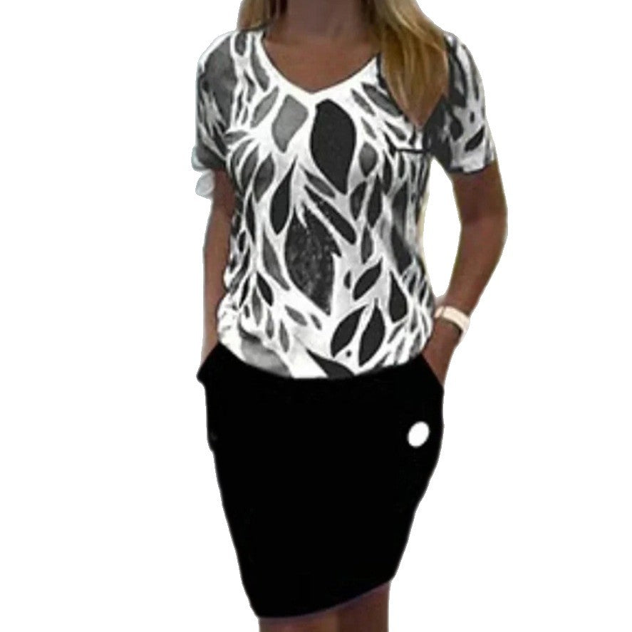 Ladies casual jersey two-piece set with printed V-neck shirt and knee-length pencil skirt with pockets StylebySassy