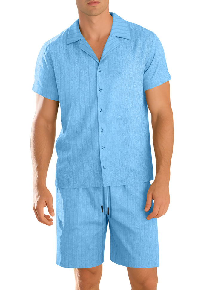 Men's ribbed knit lounge set with lapel collar short-sleeve shirt and comfort bermuda StylebySassy