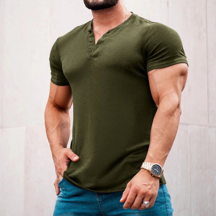 Men's muscle-fitting short-sleeve shirt with button placket and V-neck made of cotton stretch StylebySassy