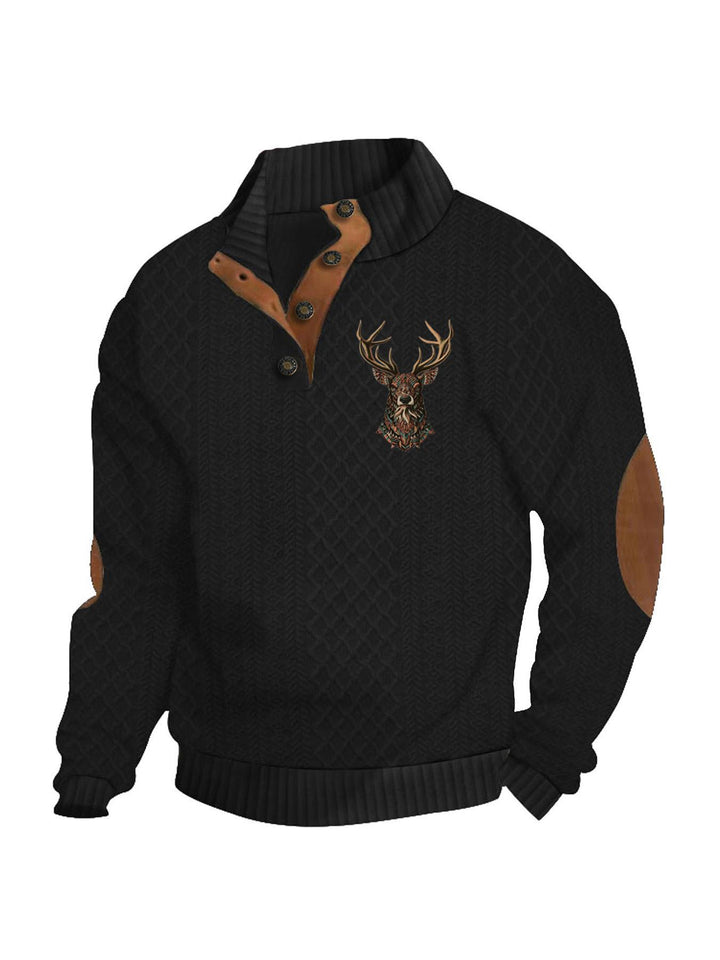 Men's nan Heritage textured pullover with stand-up collar faux leather trim elbow patches and half-button placket StylebySassy