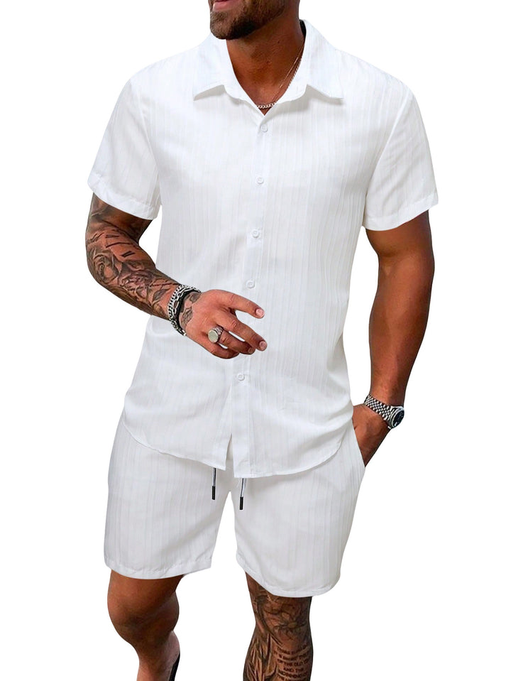 Men's lightweight short-sleeve shirt with open collar and matching casual shorts made of textured cotton blend StylebySassy