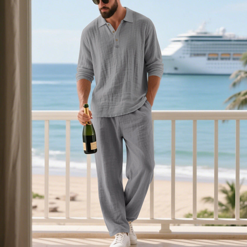 Men's relaxed cotton muslin resort set with polo collar button placket and wide comfort waistband StylebySassy