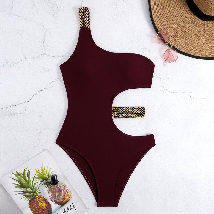 Women One-Piece Swimsuit with Asymmetric Cut-Out and Fashionable Chain Accents StylebySassy