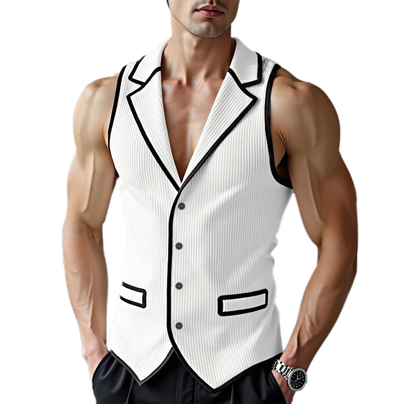 Men's sleeveless tailored jersey vest with notched lapel and contrast piping StylebySassy