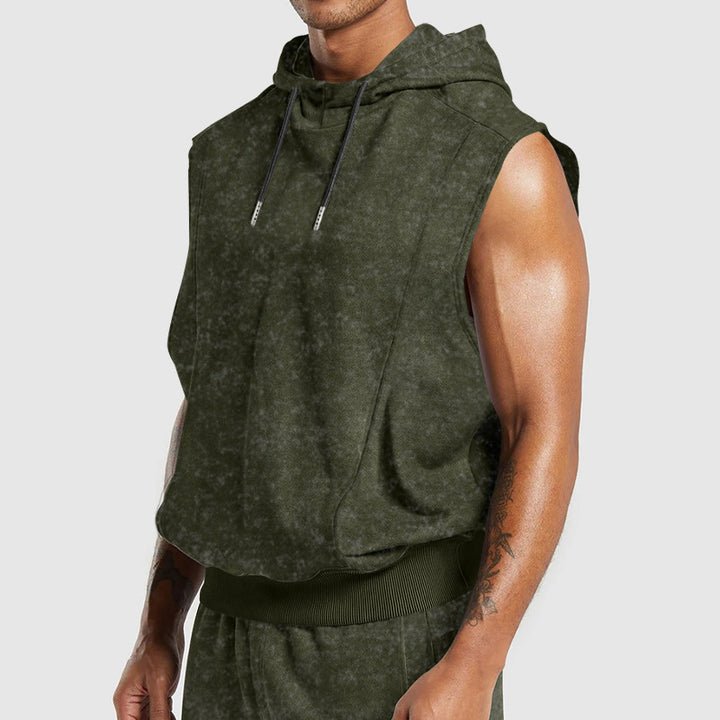 Men's sleeveless hoodie in stone-wash look with deep armholes and ribbed hem StylebySassy
