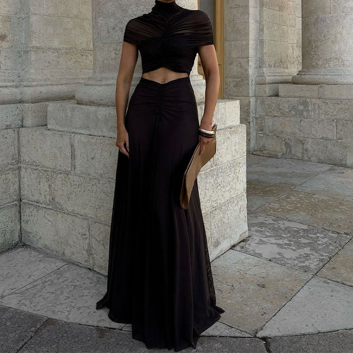 Ladies Elegant Maxi Dress with Gatherings and Transparent Top StylebySassy