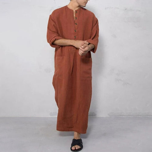 Men's wide long tunic-kaftan made of breathable linen with stand-up collar, button placket, and patch pockets StylebySassy