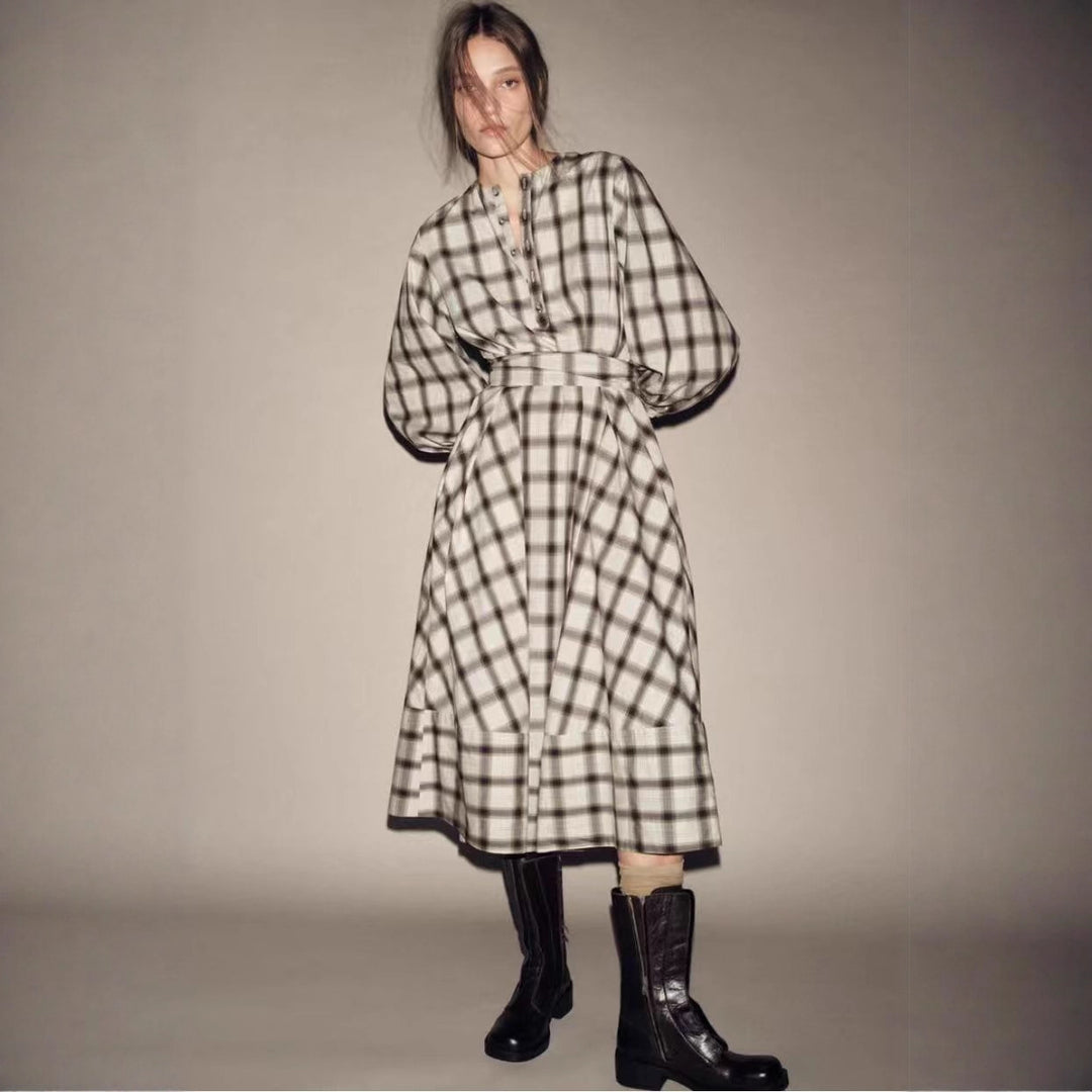 Ladies checked midi dress with balloon sleeves, waist belt and decorative button placket StylebySassy