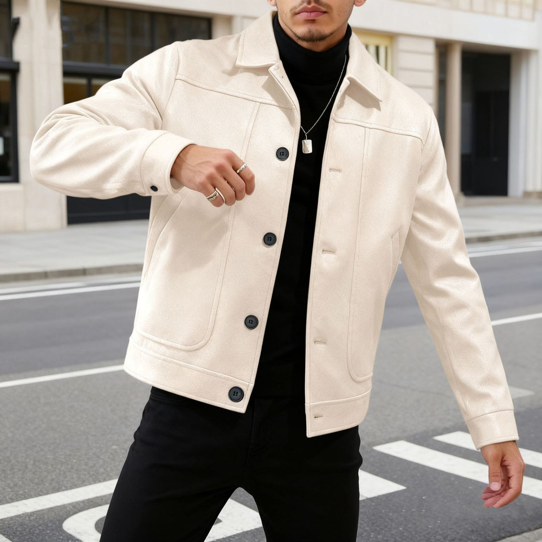 Men's modern trucker overshirt made of suede imitation with decorative stitching and patch pockets StylebySassy
