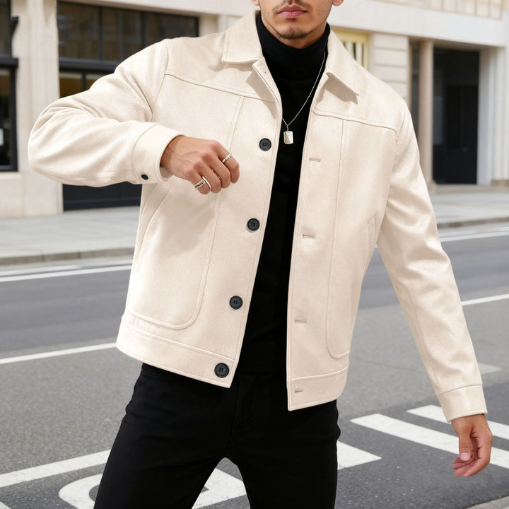 Men's modern trucker overshirt made of suede imitation with decorative stitching and patch pockets StylebySassy