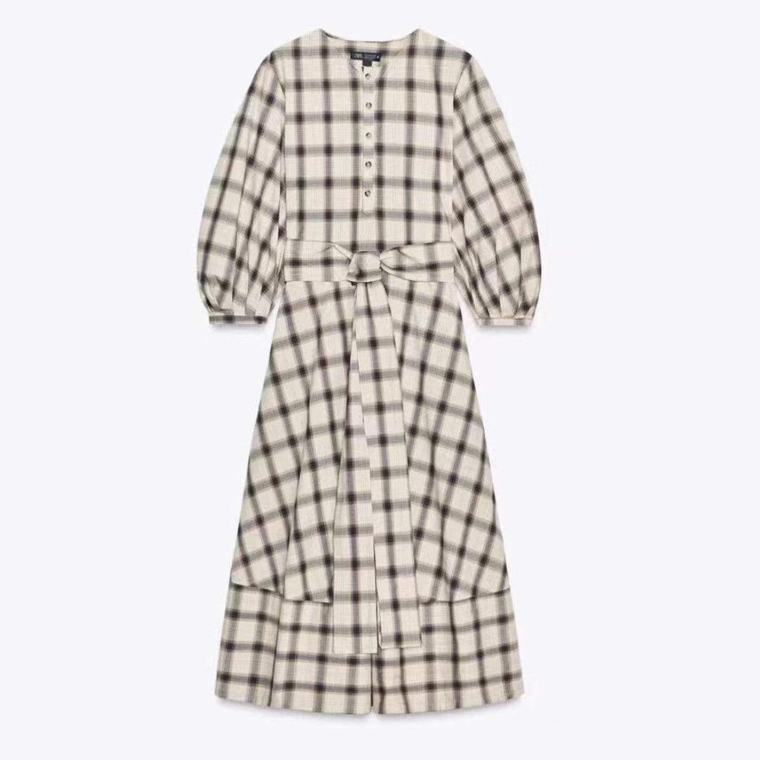 Ladies checked midi dress with balloon sleeves, waist belt and decorative button placket StylebySassy
