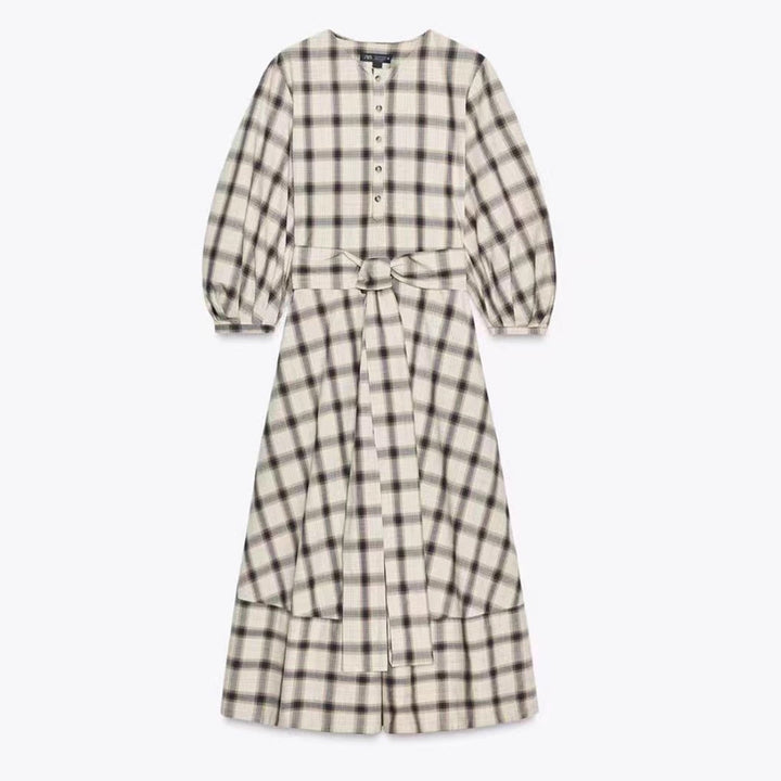 Ladies checked midi dress with balloon sleeves, waist belt and decorative button placket StylebySassy