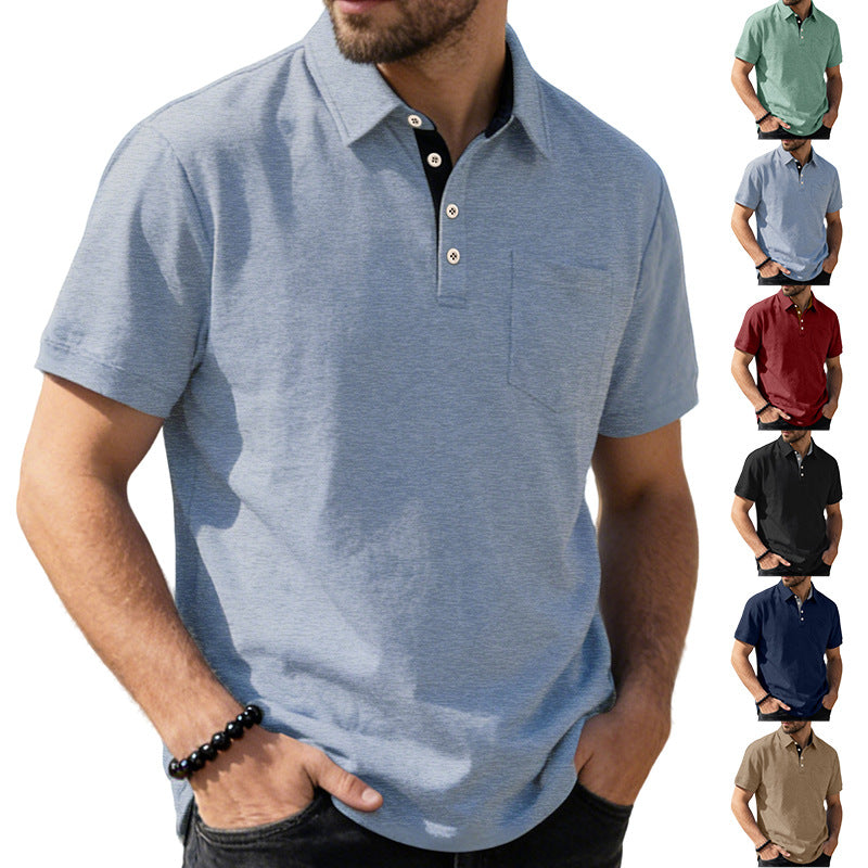 Men's short sleeve polo collar shirt made of textured jersey with chest pocket and contrasting button placket StylebySassy