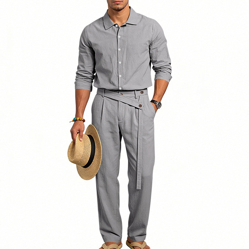 Men's elegant linen two-piece set with shirt and high-waisted pants with tie belt StylebySassy