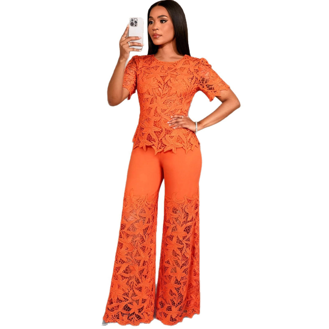 Ladies elegant wide-cut trousers with 3D embroidered lace accents StylebySassy
