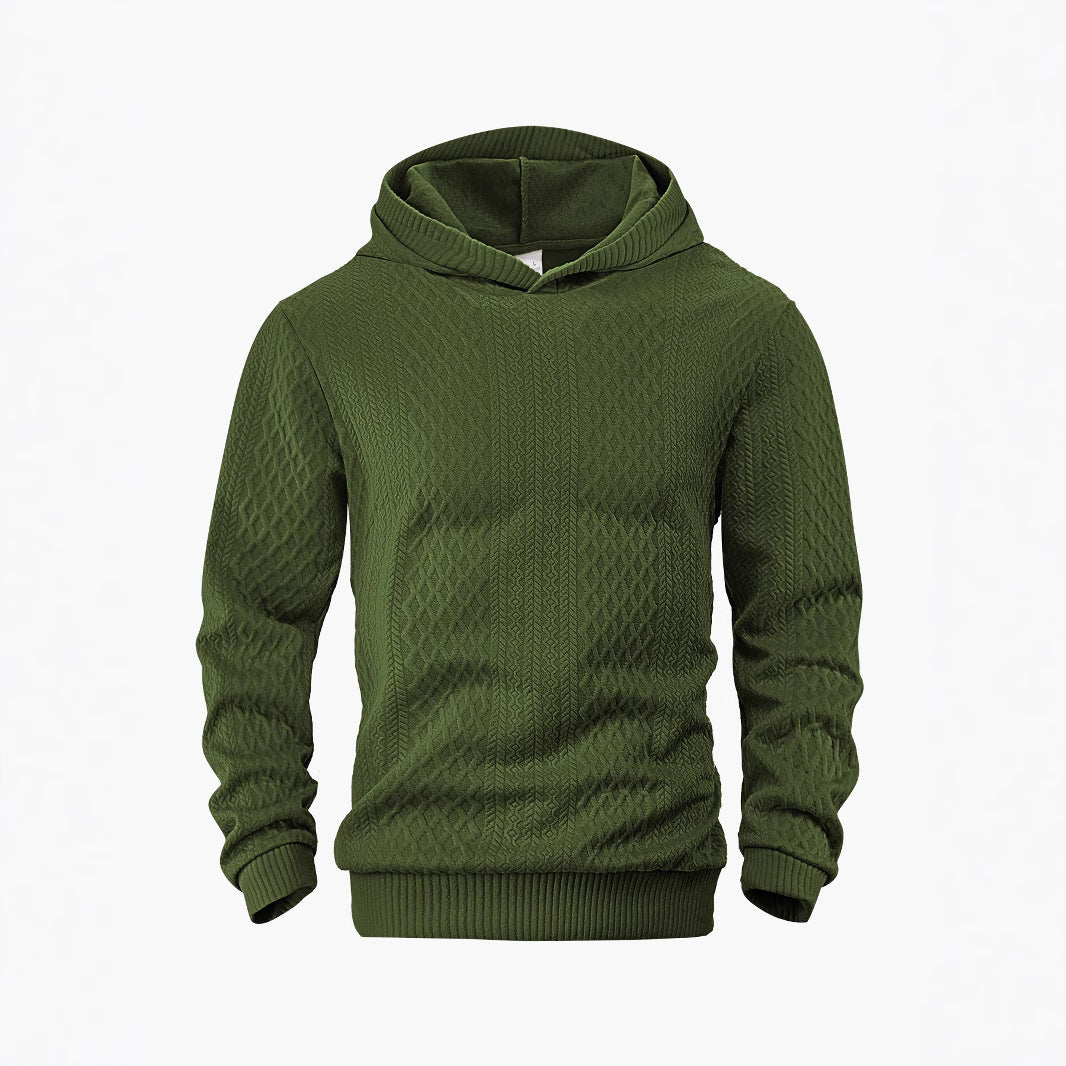 Men's structured funnel neck pullover with hood and honeycomb jacquard StylebySassy