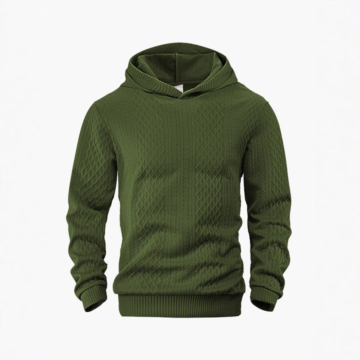 Men's structured funnel neck pullover with hood and honeycomb jacquard StylebySassy
