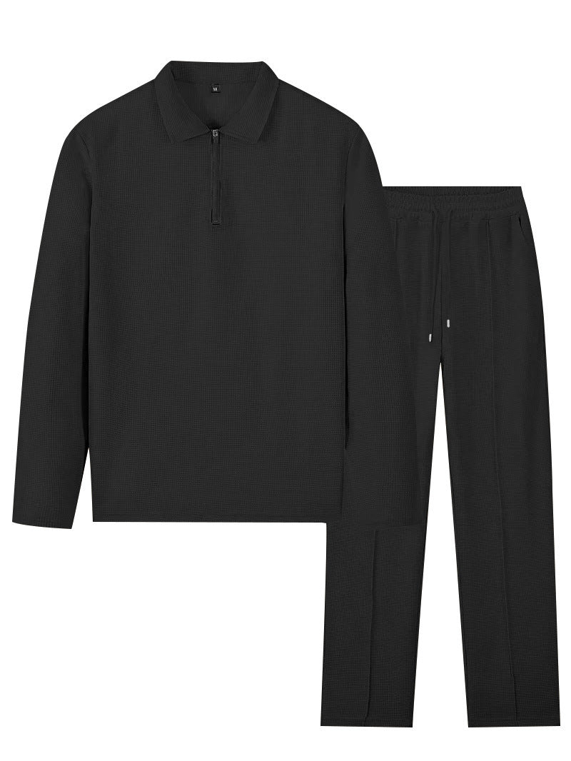 Unisex Nan Waffle Structure Leisure Set with Half-Zip Polo Shirt and Elastic Waist Pants StylebySassy