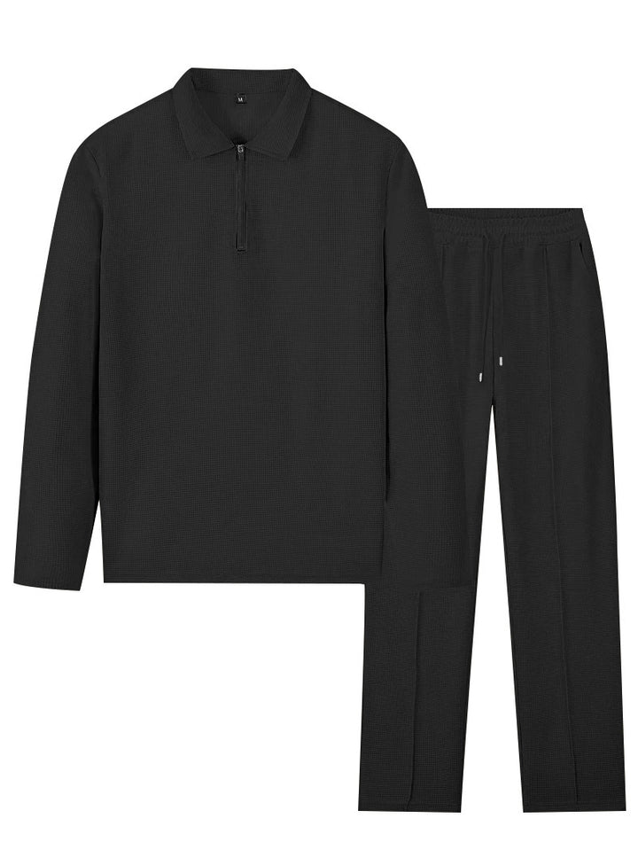 Unisex Nan Waffle Structure Leisure Set with Half-Zip Polo Shirt and Elastic Waist Pants StylebySassy