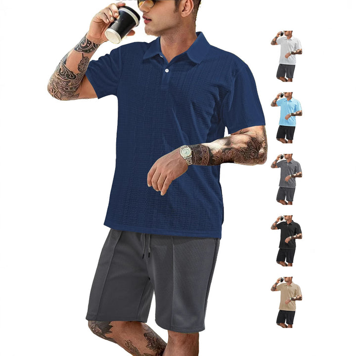 Men's two-piece summer travel set with textured short-sleeve polo shirt and functional mesh shorts StylebySassy